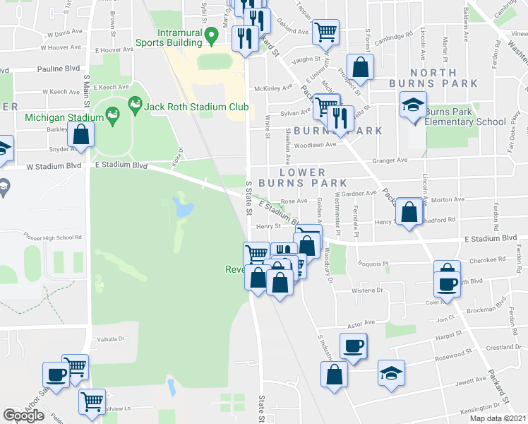 map of restaurants, bars, coffee shops, grocery stores, and more near 801 Rose Avenue in Ann Arbor