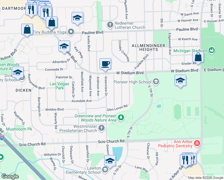 map of restaurants, bars, coffee shops, grocery stores, and more near 1500 Marian Avenue in Ann Arbor