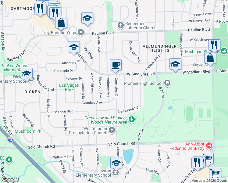 map of restaurants, bars, coffee shops, grocery stores, and more near 1489 Ardmoor Avenue in Ann Arbor