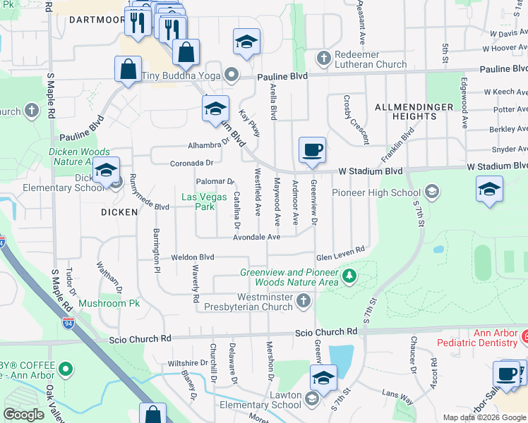 map of restaurants, bars, coffee shops, grocery stores, and more near 1496 Westfield Avenue in Ann Arbor