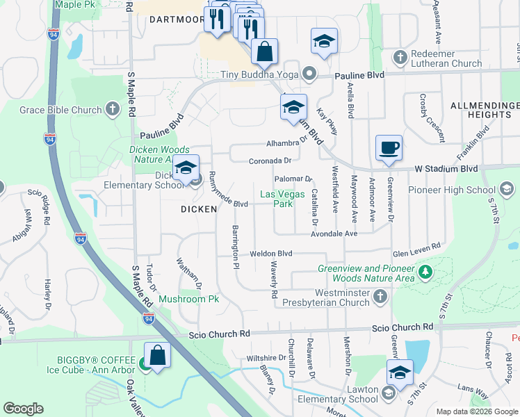 map of restaurants, bars, coffee shops, grocery stores, and more near 1918 Runnymede Boulevard in Ann Arbor