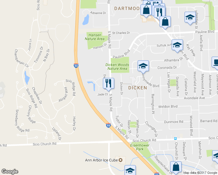 map of restaurants, bars, coffee shops, grocery stores, and more near 1535 South Maple Road in Ann Arbor