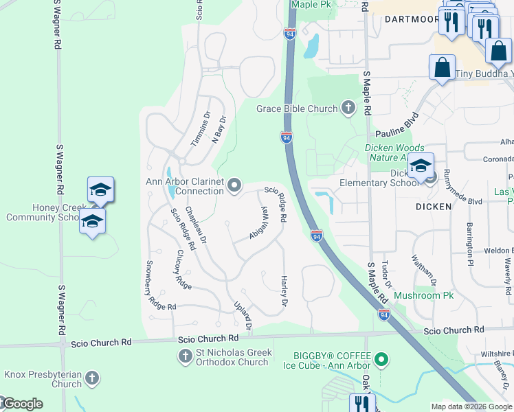 map of restaurants, bars, coffee shops, grocery stores, and more near 1562 Abigail Way in Ann Arbor