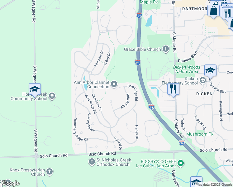 map of restaurants, bars, coffee shops, grocery stores, and more near 1441 Scio Ridge Road in Ann Arbor