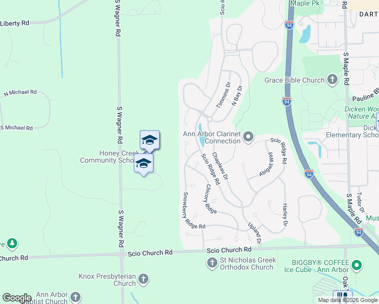 map of restaurants, bars, coffee shops, grocery stores, and more near 3224 Bellflower Court in Ann Arbor