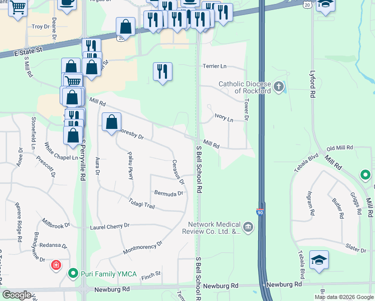 map of restaurants, bars, coffee shops, grocery stores, and more near 905 South Bell School Road in Rockford