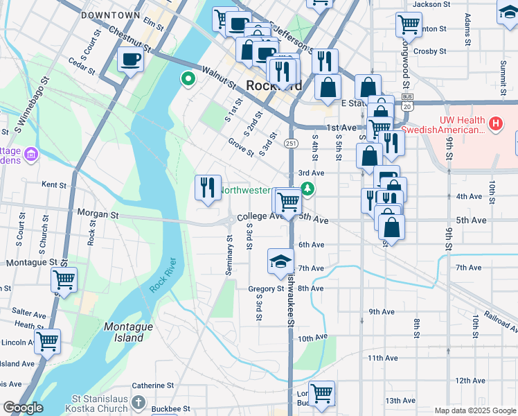 map of restaurants, bars, coffee shops, grocery stores, and more near 533 Division Street in Rockford