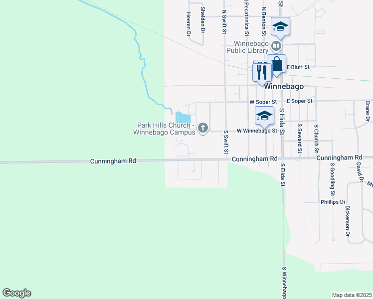 map of restaurants, bars, coffee shops, grocery stores, and more near 51 Clayton Court in Winnebago