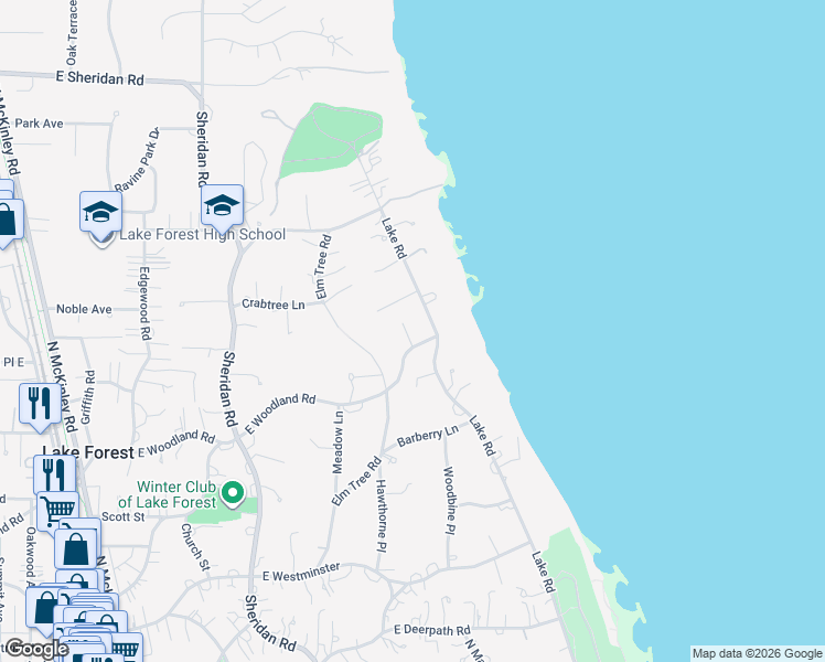 map of restaurants, bars, coffee shops, grocery stores, and more near 788 East Woodland Road in Lake Forest