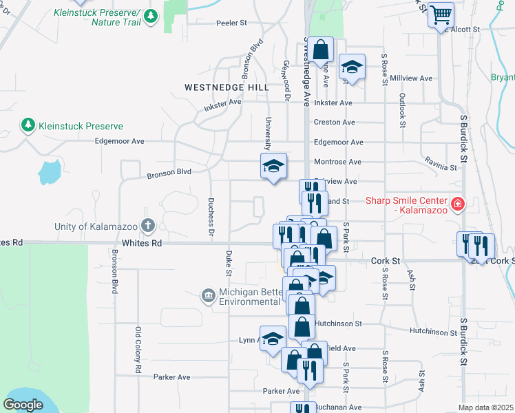 map of restaurants, bars, coffee shops, grocery stores, and more near 709 Garland Circle in Kalamazoo