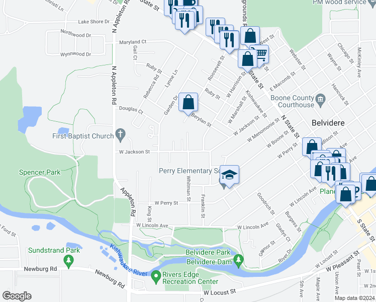 map of restaurants, bars, coffee shops, grocery stores, and more near 802 Lindenwood Lane in Belvidere