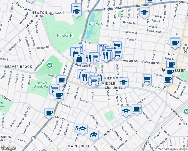 map of restaurants, bars, coffee shops, grocery stores, and more near 9 Winslow Street in Worcester