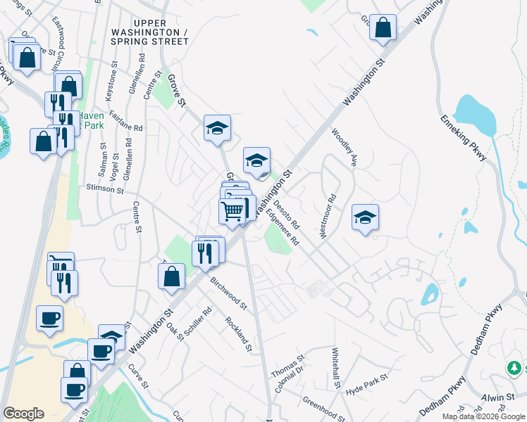 map of restaurants, bars, coffee shops, grocery stores, and more near 5160 Washington Street in Boston