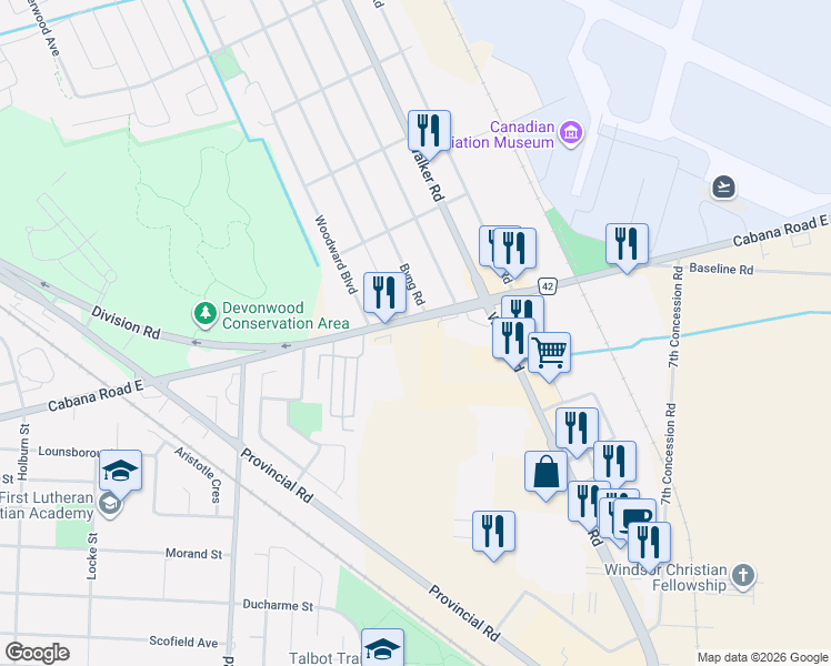 map of restaurants, bars, coffee shops, grocery stores, and more near 2025 Division Road in Windsor