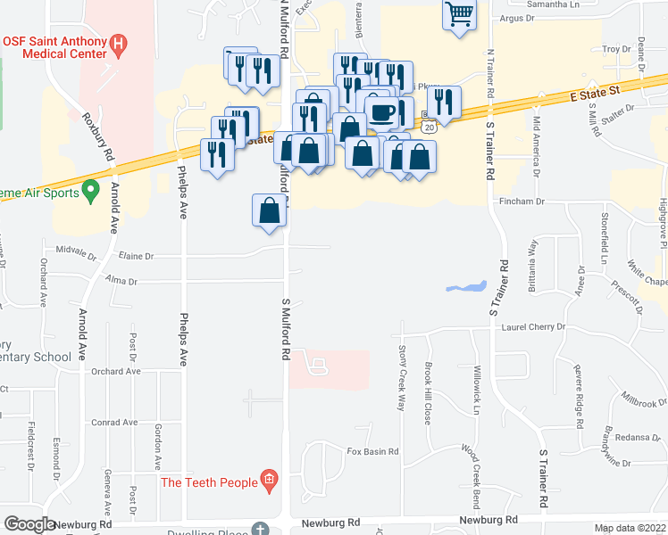 map of restaurants, bars, coffee shops, grocery stores, and more near 550 South Mulford Road in Rockford
