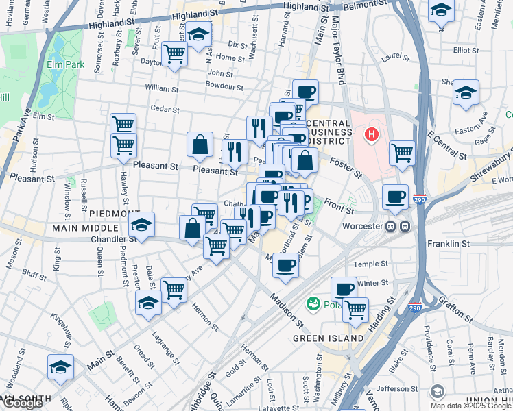 map of restaurants, bars, coffee shops, grocery stores, and more near 484 Main Street in Worcester