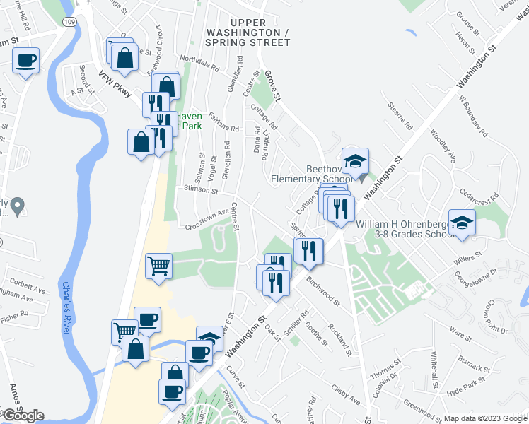map of restaurants, bars, coffee shops, grocery stores, and more near 127 Stimson Street in Boston