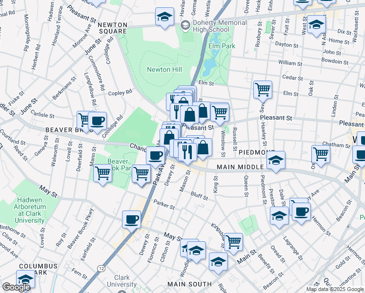 map of restaurants, bars, coffee shops, grocery stores, and more near 29 Dewey Street in Worcester
