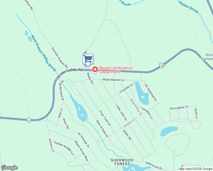 map of restaurants, bars, coffee shops, grocery stores, and more near 7 Little John Drive in Becket