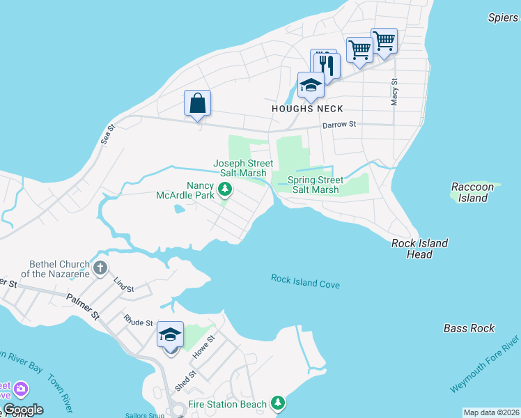 map of restaurants, bars, coffee shops, grocery stores, and more near 95 Rockland Street in Quincy