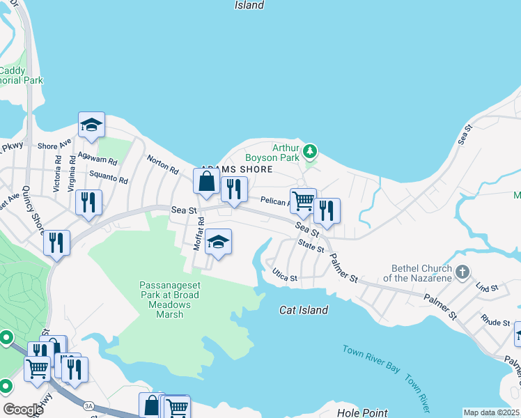 map of restaurants, bars, coffee shops, grocery stores, and more near 17 Pelican Road in Quincy