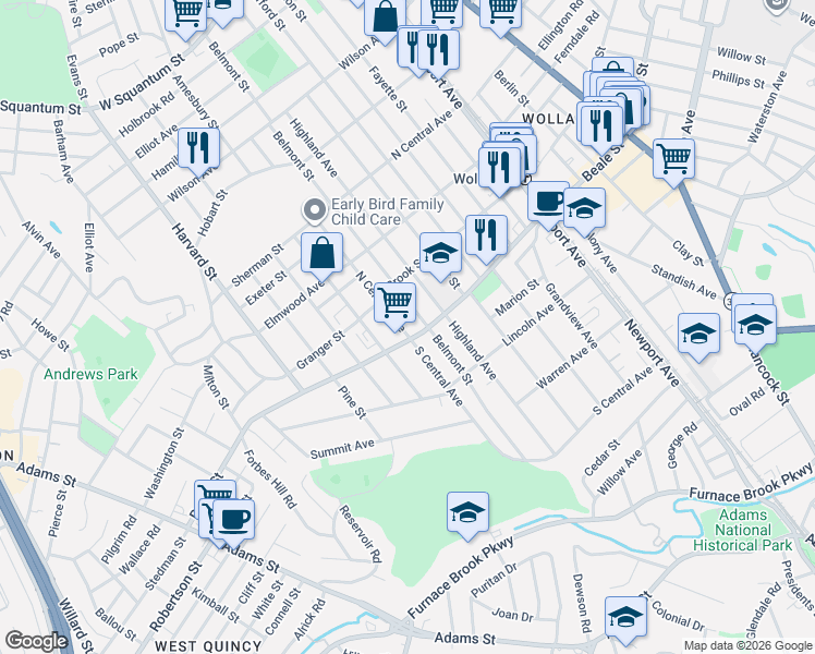 map of restaurants, bars, coffee shops, grocery stores, and more near 269 Belmont Street in Quincy