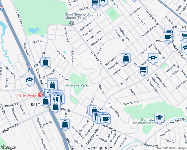 map of restaurants, bars, coffee shops, grocery stores, and more near 30 Elmwood Park in Quincy