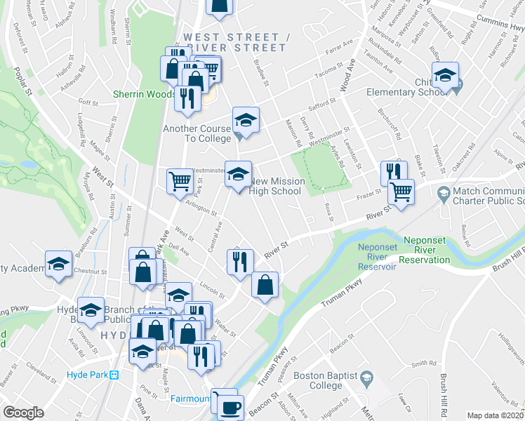map of restaurants, bars, coffee shops, grocery stores, and more near 690 Metropolitan Avenue in Boston