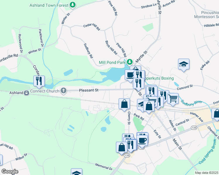 map of restaurants, bars, coffee shops, grocery stores, and more near 89-91 Pleasant Street in Ashland