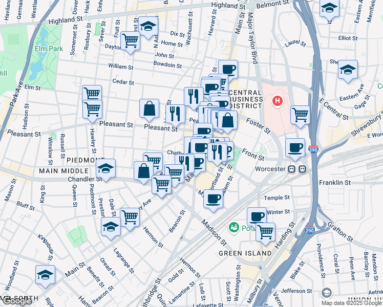 map of restaurants, bars, coffee shops, grocery stores, and more near 484 Main Street in Worcester