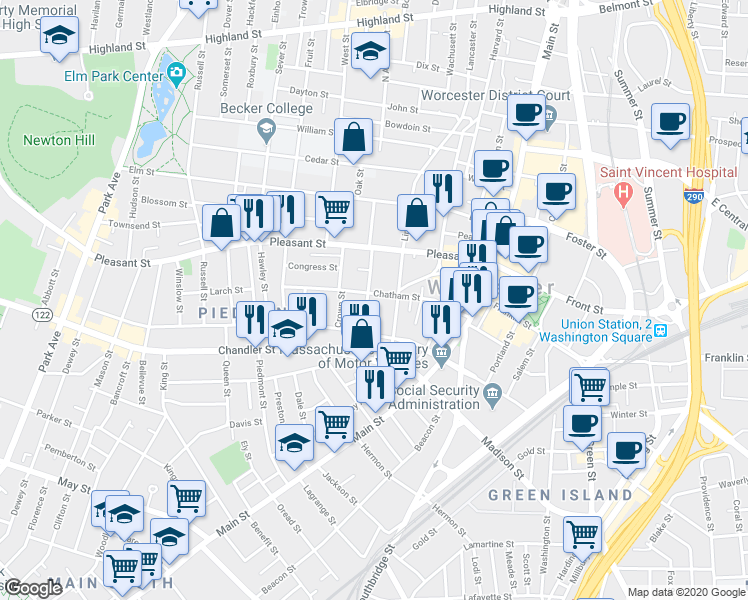 map of restaurants, bars, coffee shops, grocery stores, and more near in Worcester
