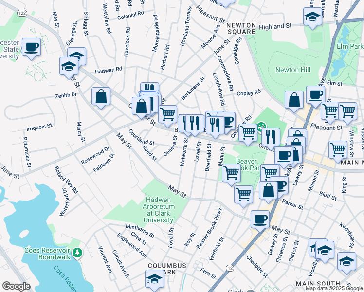 map of restaurants, bars, coffee shops, grocery stores, and more near 4 Walworth Street in Worcester