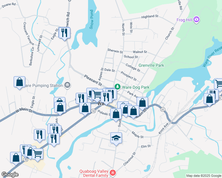 map of restaurants, bars, coffee shops, grocery stores, and more near 56 North Street in Ware