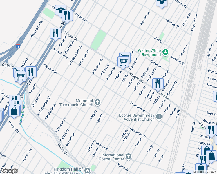 map of restaurants, bars, coffee shops, grocery stores, and more near 3807 19th Street in Ecorse