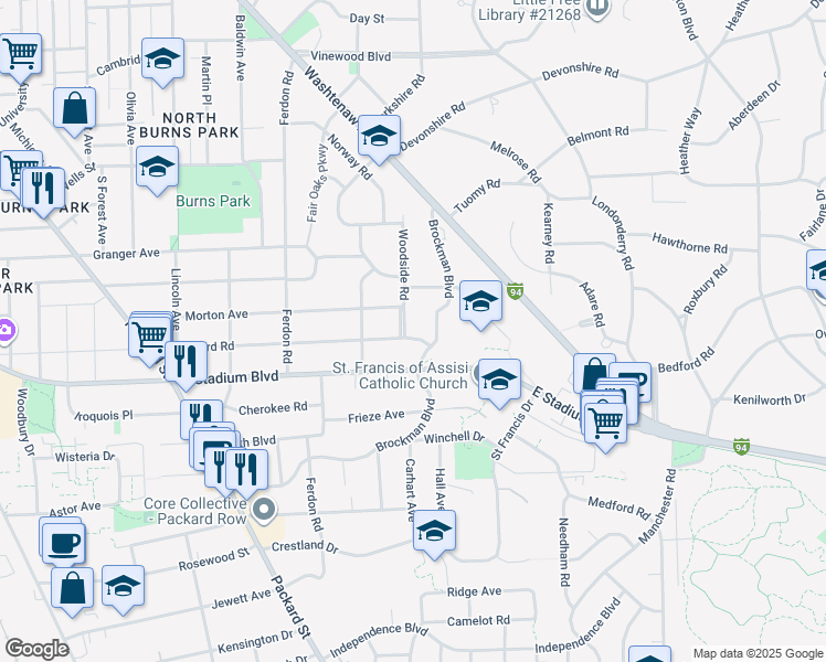 map of restaurants, bars, coffee shops, grocery stores, and more near 2300 Woodside Road in Ann Arbor