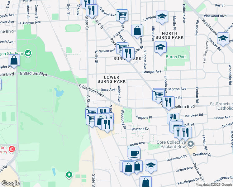 map of restaurants, bars, coffee shops, grocery stores, and more near 1505 Golden Avenue in Ann Arbor