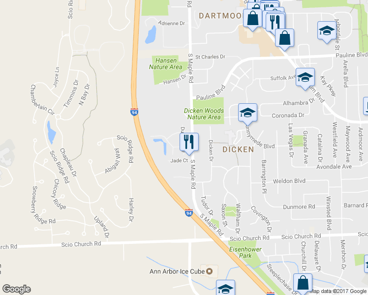map of restaurants, bars, coffee shops, grocery stores, and more near 1534 Durango Drive in Ann Arbor