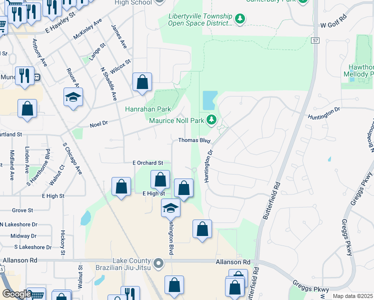 map of restaurants, bars, coffee shops, grocery stores, and more near 961 Thomas Boulevard in Mundelein
