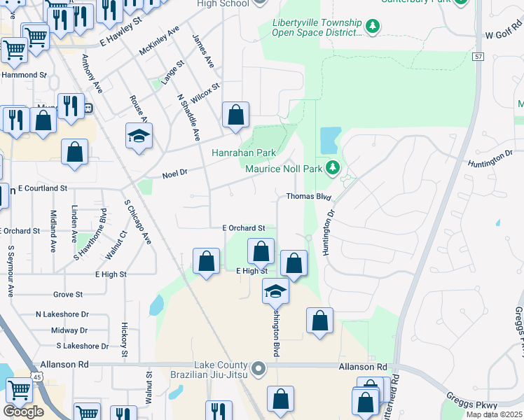 map of restaurants, bars, coffee shops, grocery stores, and more near 4 Washington Boulevard in Mundelein