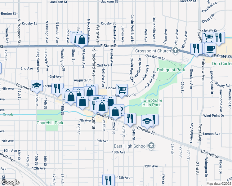 map of restaurants, bars, coffee shops, grocery stores, and more near 504 Hunter Avenue in Rockford