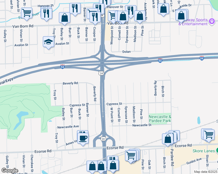 map of restaurants, bars, coffee shops, grocery stores, and more near 6430 West Point Street in Taylor