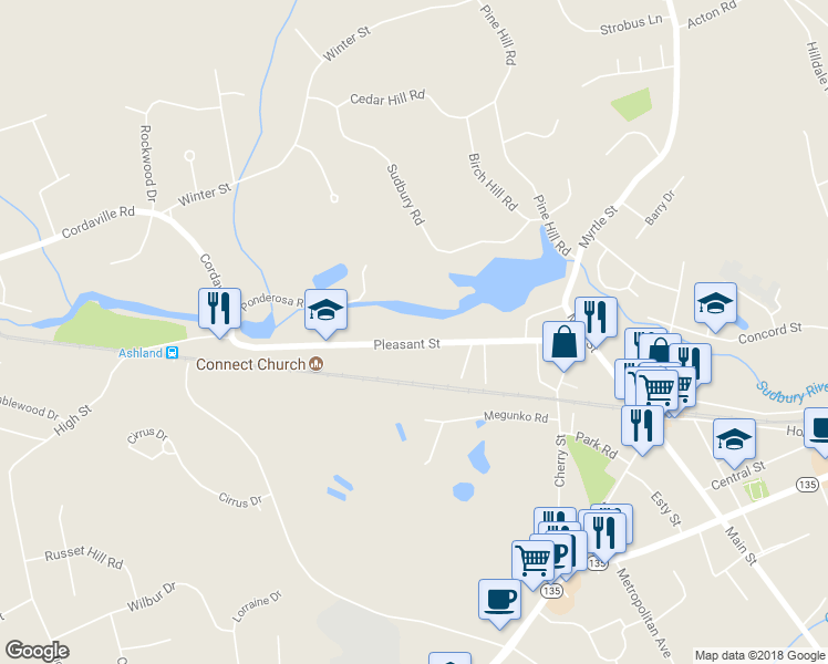 map of restaurants, bars, coffee shops, grocery stores, and more near 143-145 Pleasant Street in Ashland