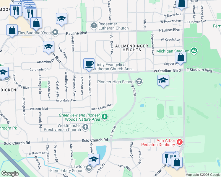 map of restaurants, bars, coffee shops, grocery stores, and more near 1499 Kirtland Drive in Ann Arbor