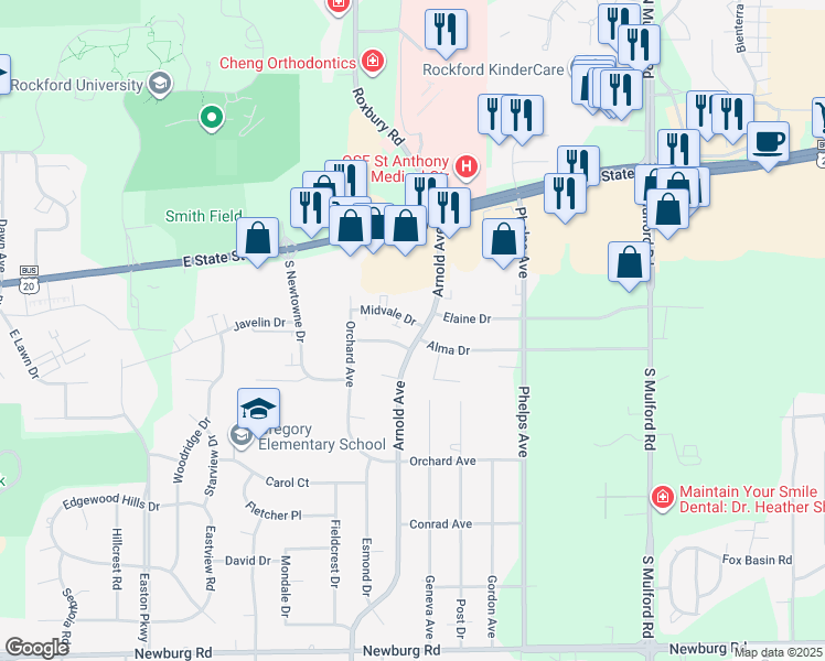 map of restaurants, bars, coffee shops, grocery stores, and more near 5515 Midvale Drive in Rockford
