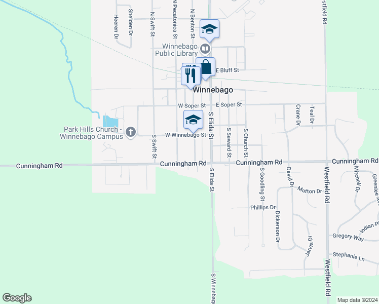 map of restaurants, bars, coffee shops, grocery stores, and more near 309 South Benton Street in Winnebago