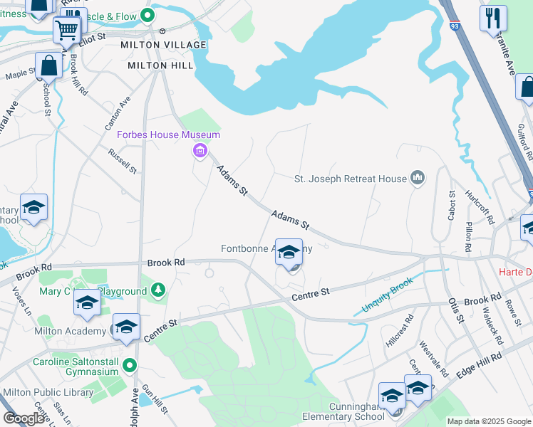 map of restaurants, bars, coffee shops, grocery stores, and more near 271 Adams Street in Milton