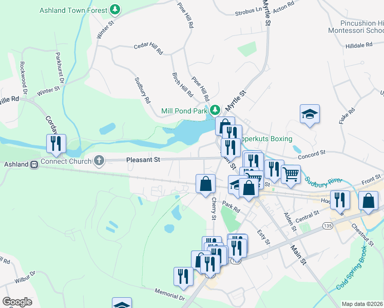 map of restaurants, bars, coffee shops, grocery stores, and more near 21 Water Street in Ashland