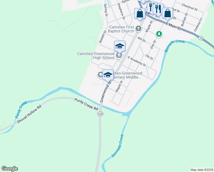 map of restaurants, bars, coffee shops, grocery stores, and more near 120 Greenwood Street in Canisteo