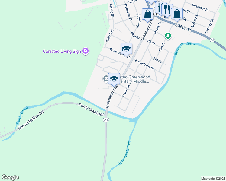 map of restaurants, bars, coffee shops, grocery stores, and more near 120 Greenwood Street in Canisteo