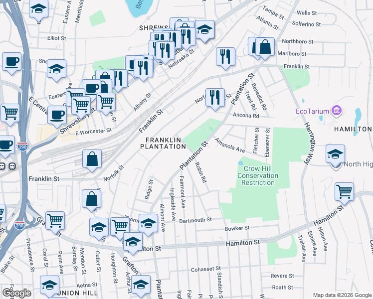map of restaurants, bars, coffee shops, grocery stores, and more near 14 March Street in Worcester